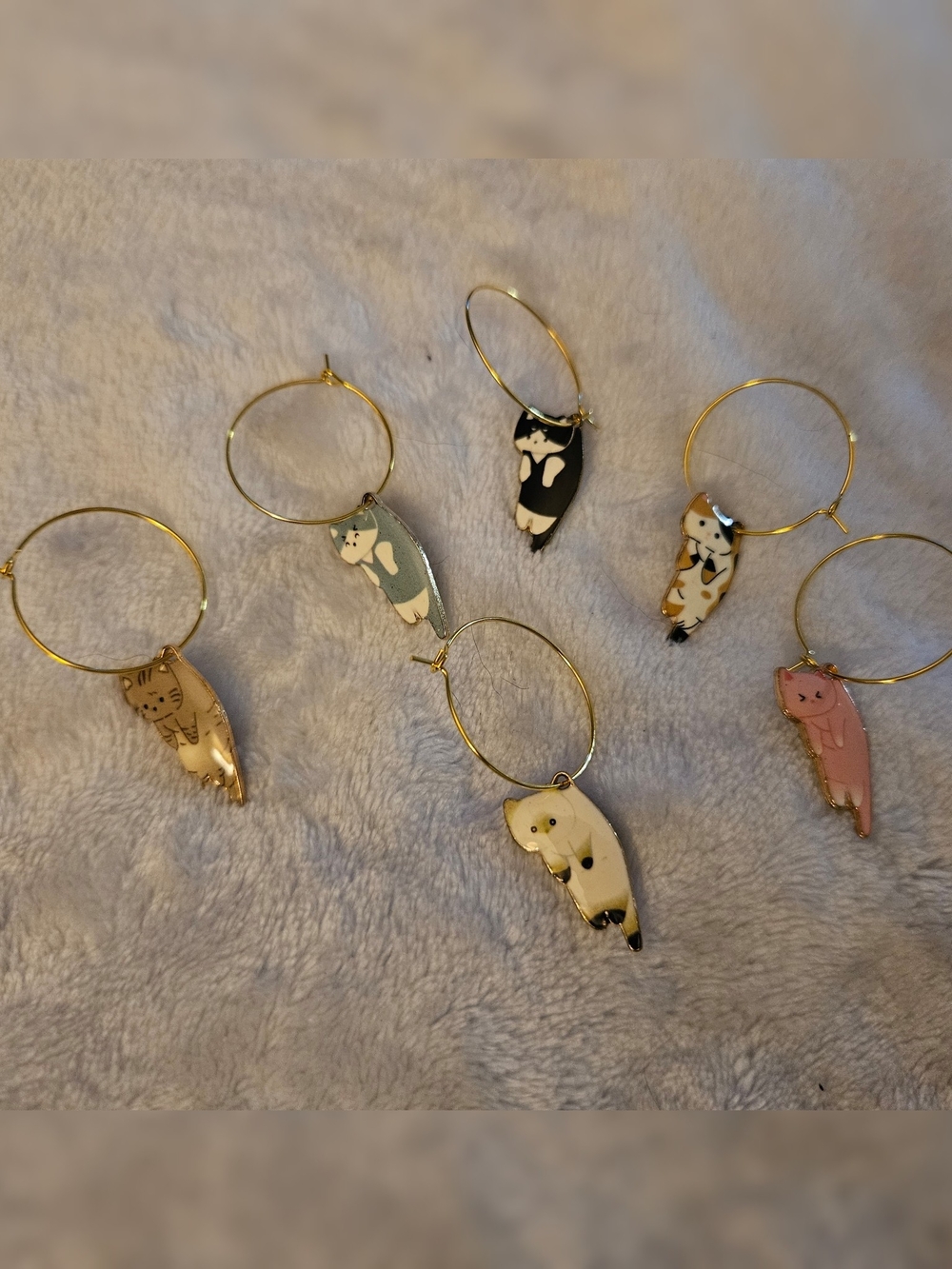 Gold Hoop Cat Wine Charms - Assorted Pastel Cat Designs